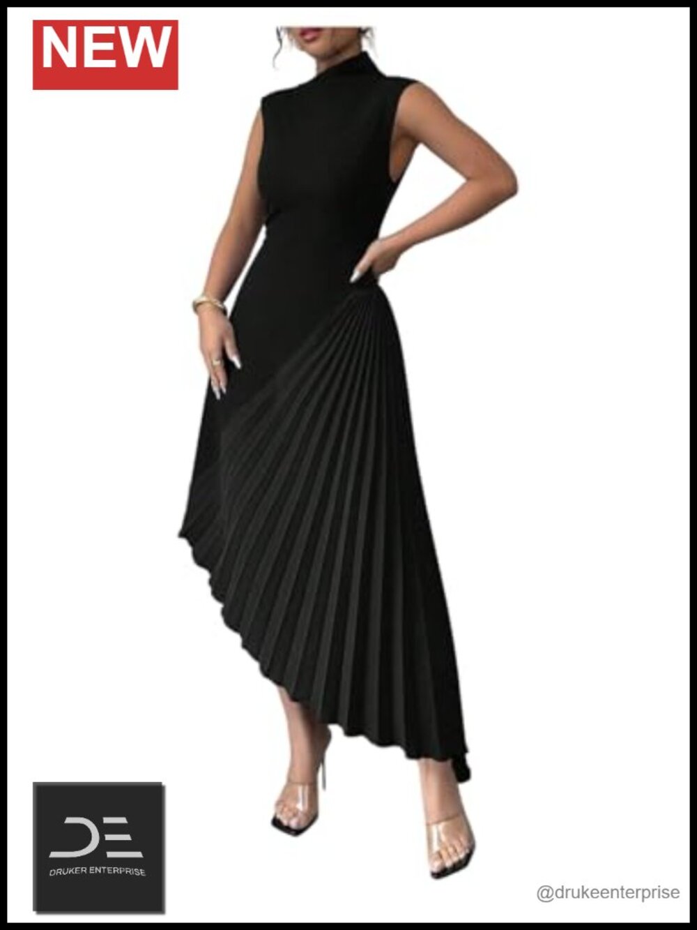 Pleated Sleeveless Mock Neck A-Line Asymmetrical Maxi Cocktail Dress